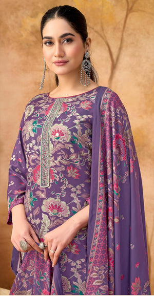 DRAVINAM Trends Women's Winter Wear Unstitched Discharge Print Hand Work Neck Embroidered Woollen Viscose Pashmina Salwar Suit Dress Material with Pashmina Printed Shawl Dupatta
