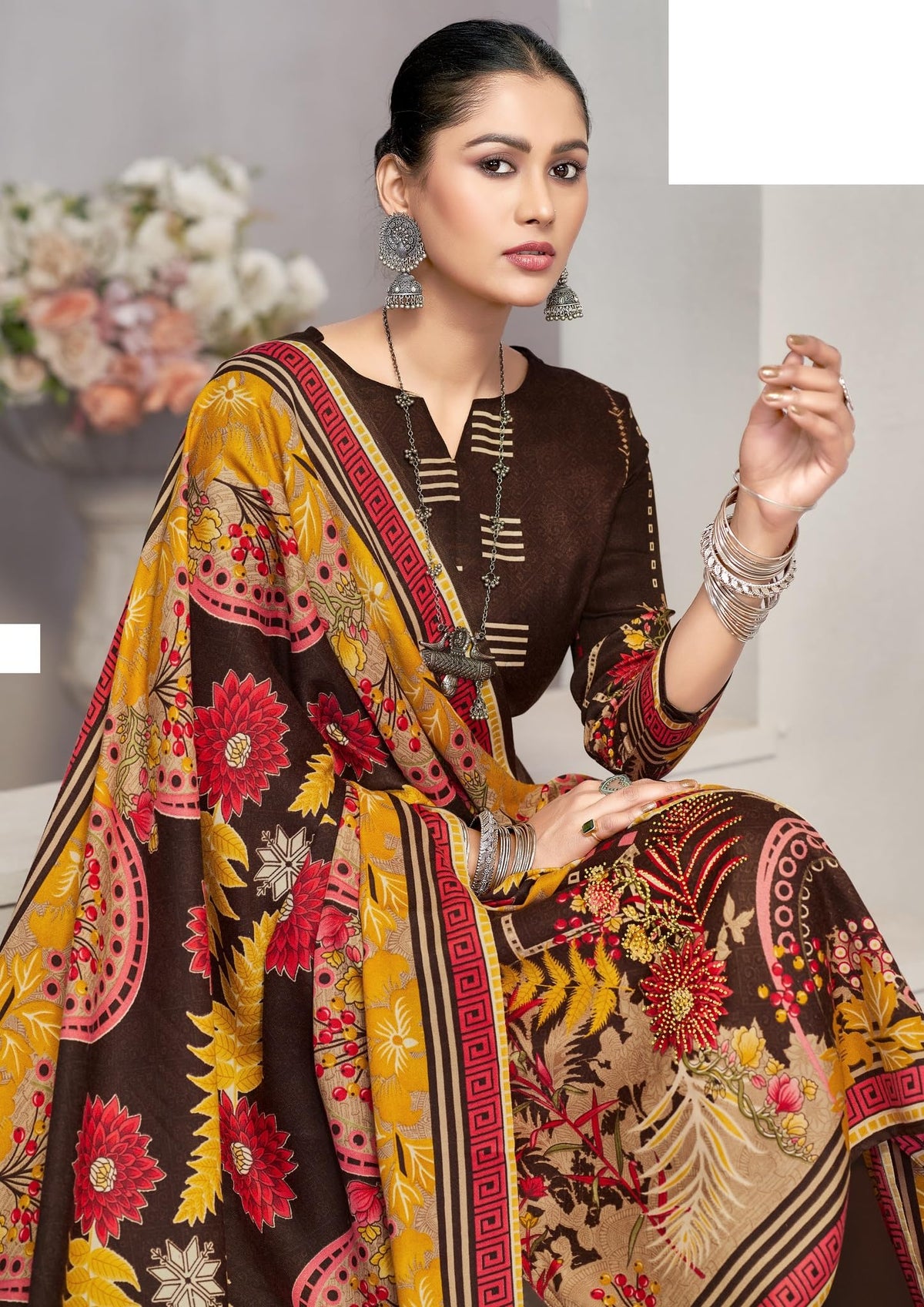 DRAVINAM Trends Women's Winter Wear Kashmiri Kani Printed Warm Salwar Kameez Dress Material with Twill Pashmina Printed Shawl Dupatta