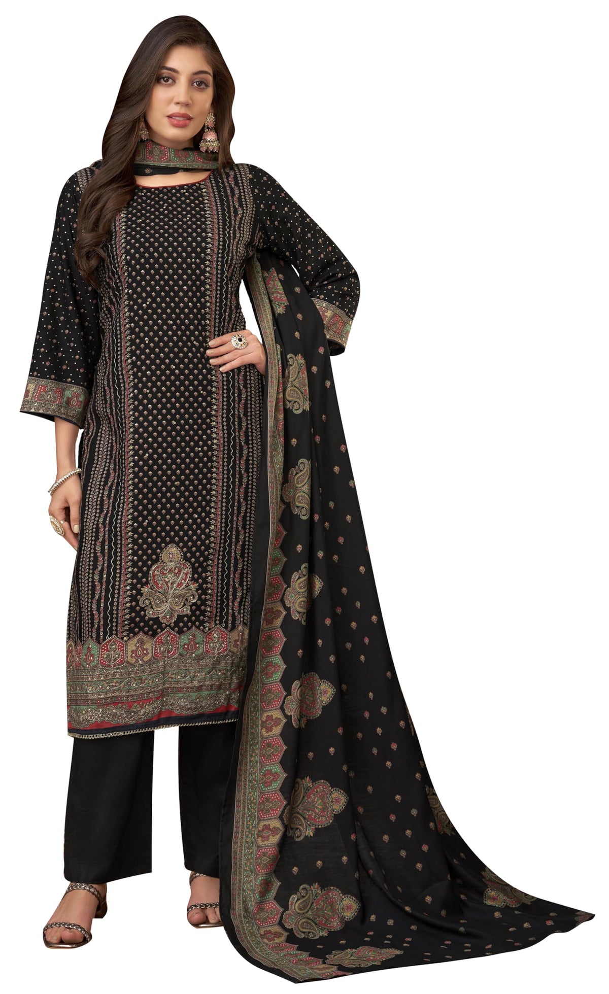 DRAVINAM Trends Kurti 2.50 mtrs,Pure Viscose Reyon Solid (2.7 m),Pure Viscose Silk Designer Print Dupatta (2.25 m)|Black