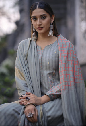 DRAVINAM Trends Women's Unstitched Embroidered Pure Cambric Cotton Salwar Suit Dress Material with Digital Printed Pure Mal Cotton Dupatta (Pink and Grey)