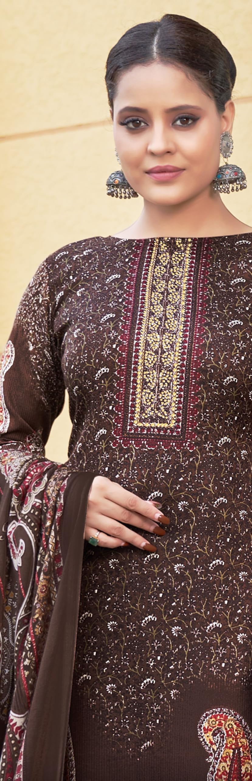 DRAVINAM Trends Women's Kashmiri Printed Pashmina Unstitch Salwar Suit Dress Material with Siroski Work and Twill Pashmina Printed Shawl Dupatta