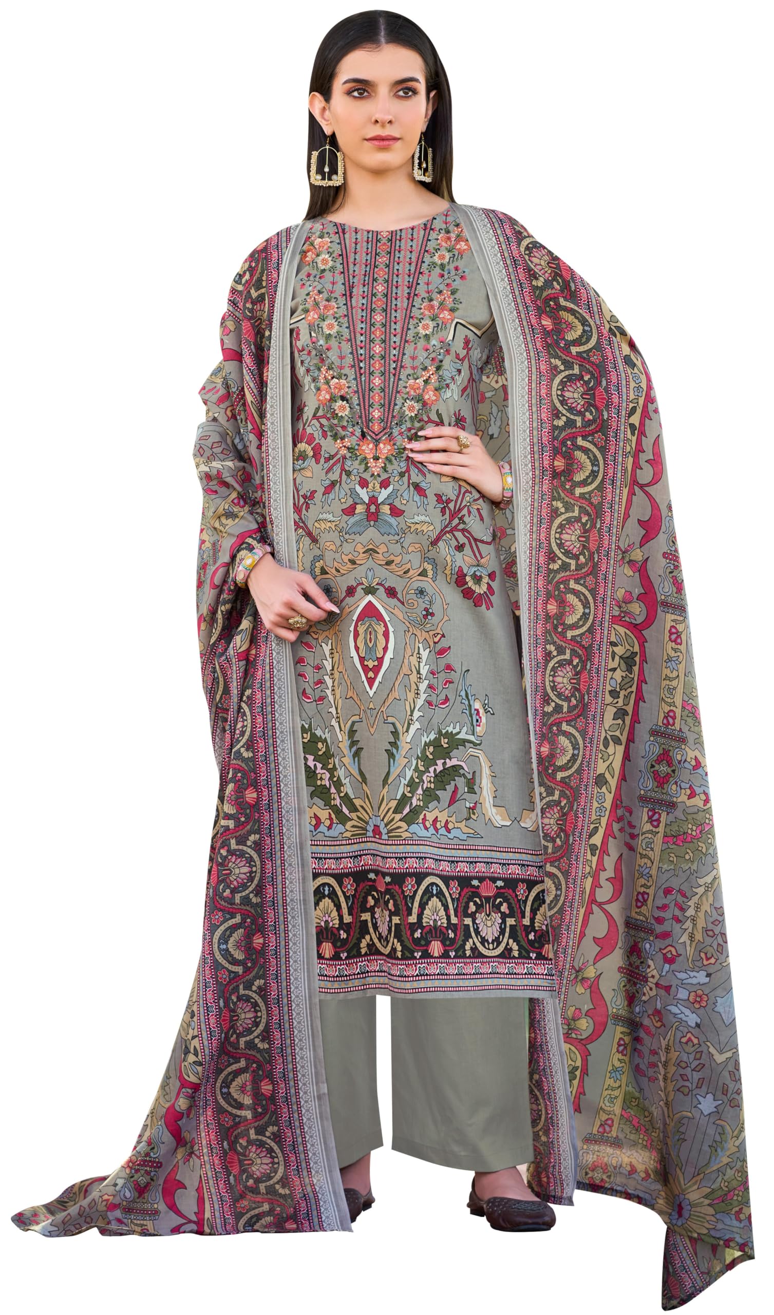 DRAVINAM Trends Pure Cotton Digital Print Pakistani Embroidered Suit Dress Material with Unstitched Bottoms and Cotton Dupatta