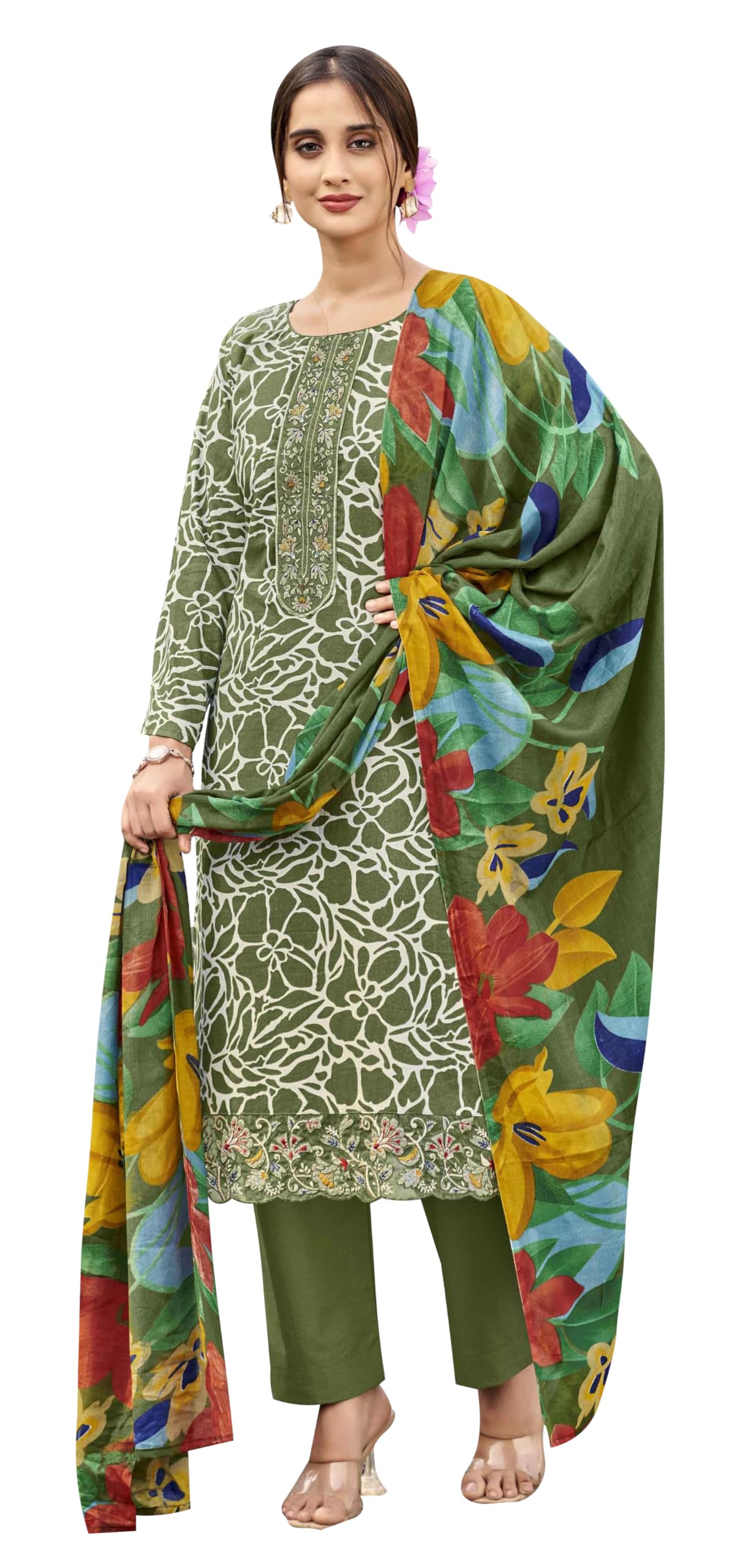 DRAVINAM Trends Kurti 2.50 mtrs, PURE COTTON DYED (2.7 m),PURE LAWN MULMUL DIGITAL PRINT COTTON DUP (2.25|Mehandi Green