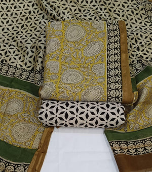 Women's Elegant Beige and Black Chanderi Block Printed Unstitched Salwar Suit Dress Material with Cotton Bottom & Zari Border Dupatta