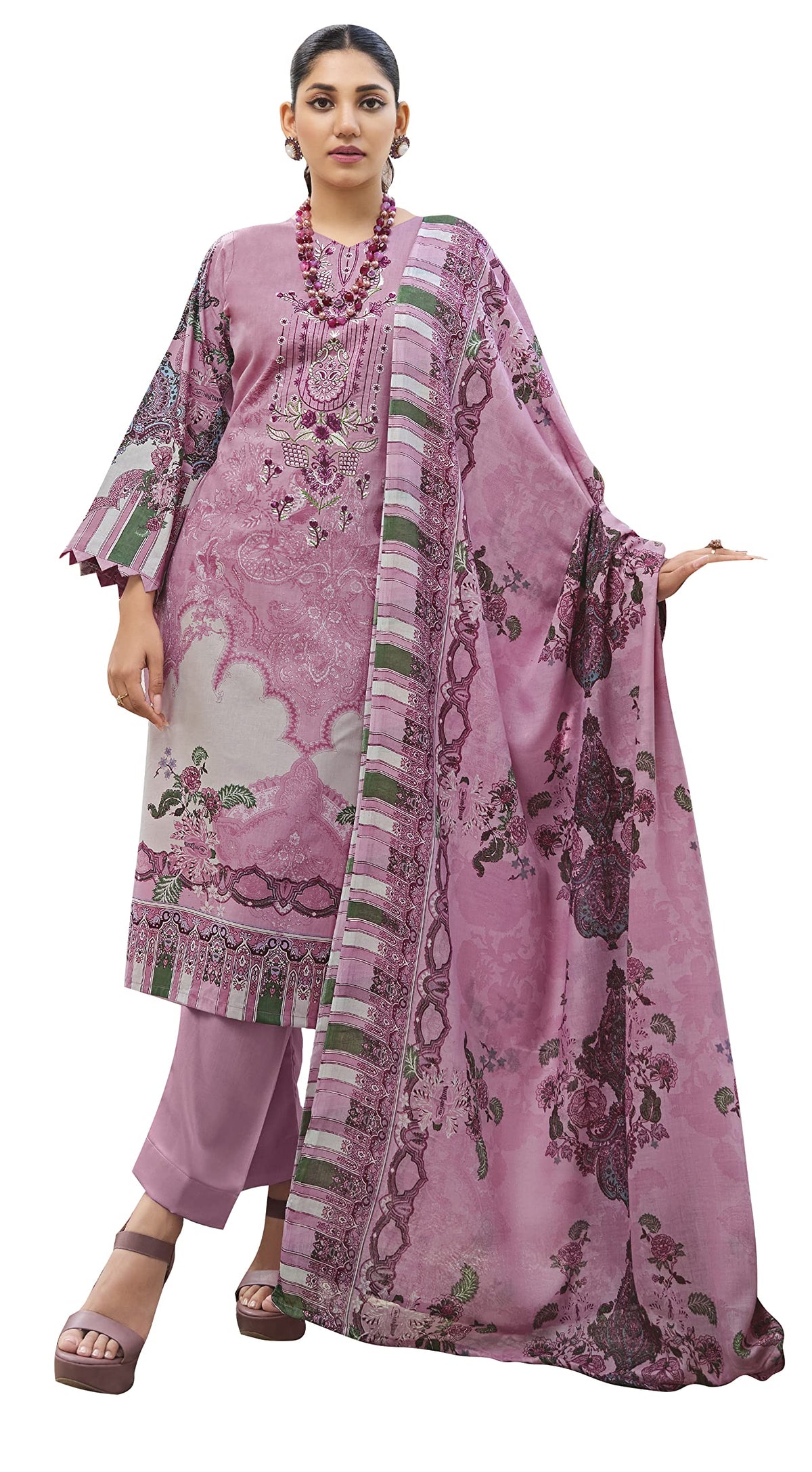 DRAVINAM Trends Women Unstitched Pakistani Print Embroidered Cotton Salwar Suit Dress Materials with Dupatta, Free Size