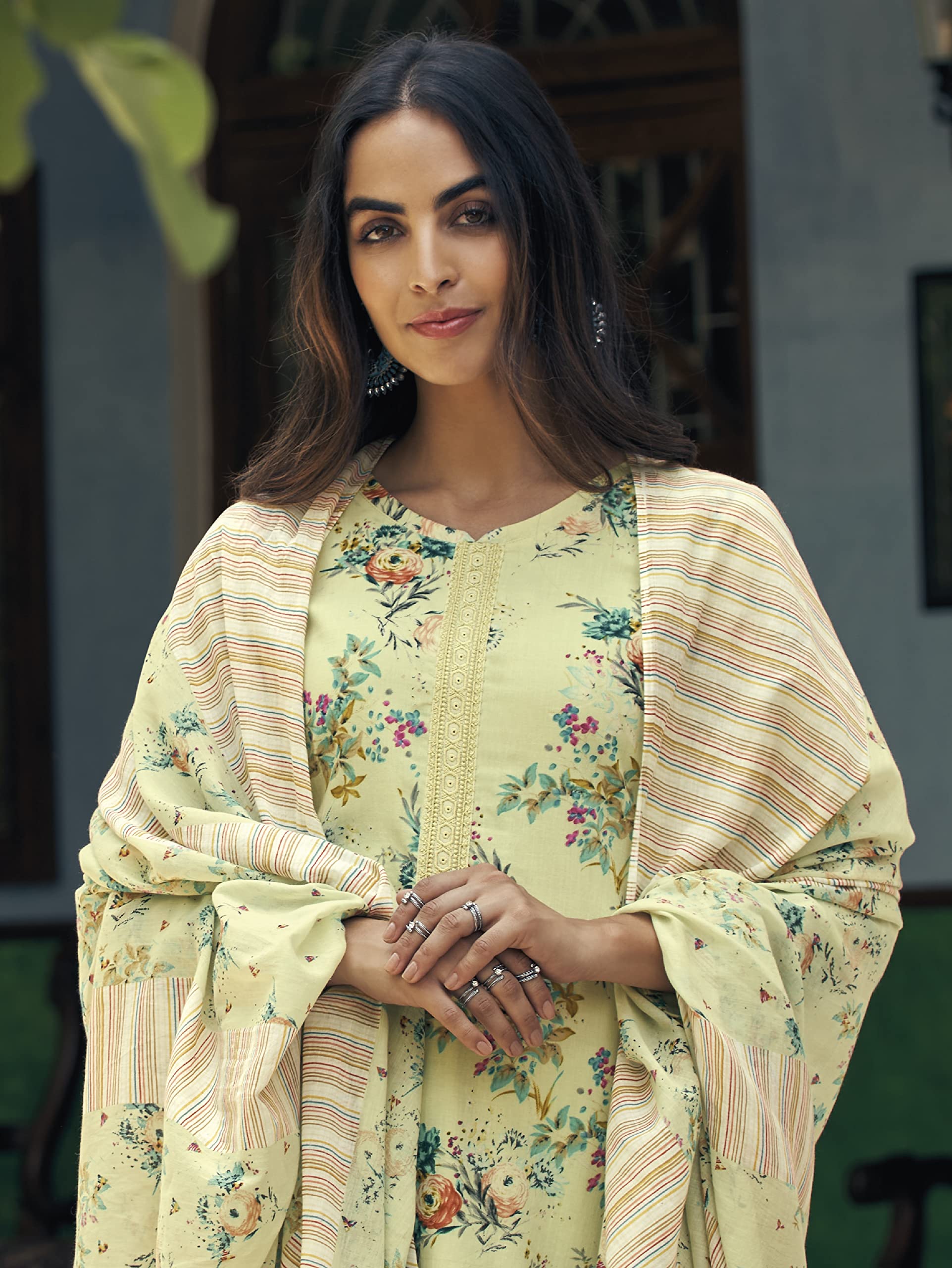 DRAVINAM Trends Women's Unstitched Digital Print Fancy Embroidered Pure Cambric Cotton Salwar Suit Dress Material with Digital Printed Mal Mal Cotton Chunni/Dupatta (Yellow)