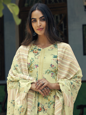 DRAVINAM Trends Women's Unstitched Digital Print Fancy Embroidered Pure Cambric Cotton Salwar Suit Dress Material with Digital Printed Mal Mal Cotton Chunni/Dupatta (Yellow)