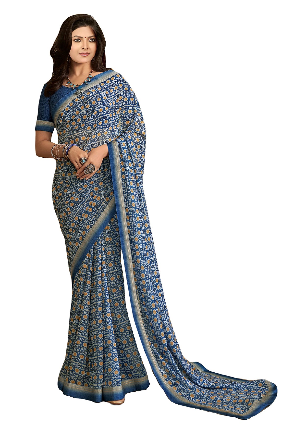 DRAVINAM Trends Women's Printed Pure Georgette Saree With Digital Border and Unstitched Blouse (Light Blue)