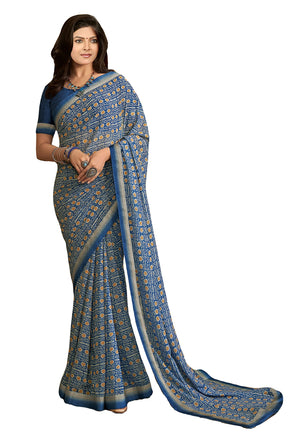 DRAVINAM Trends Women's Printed Pure Georgette Saree With Digital Border and Unstitched Blouse (Light Blue)