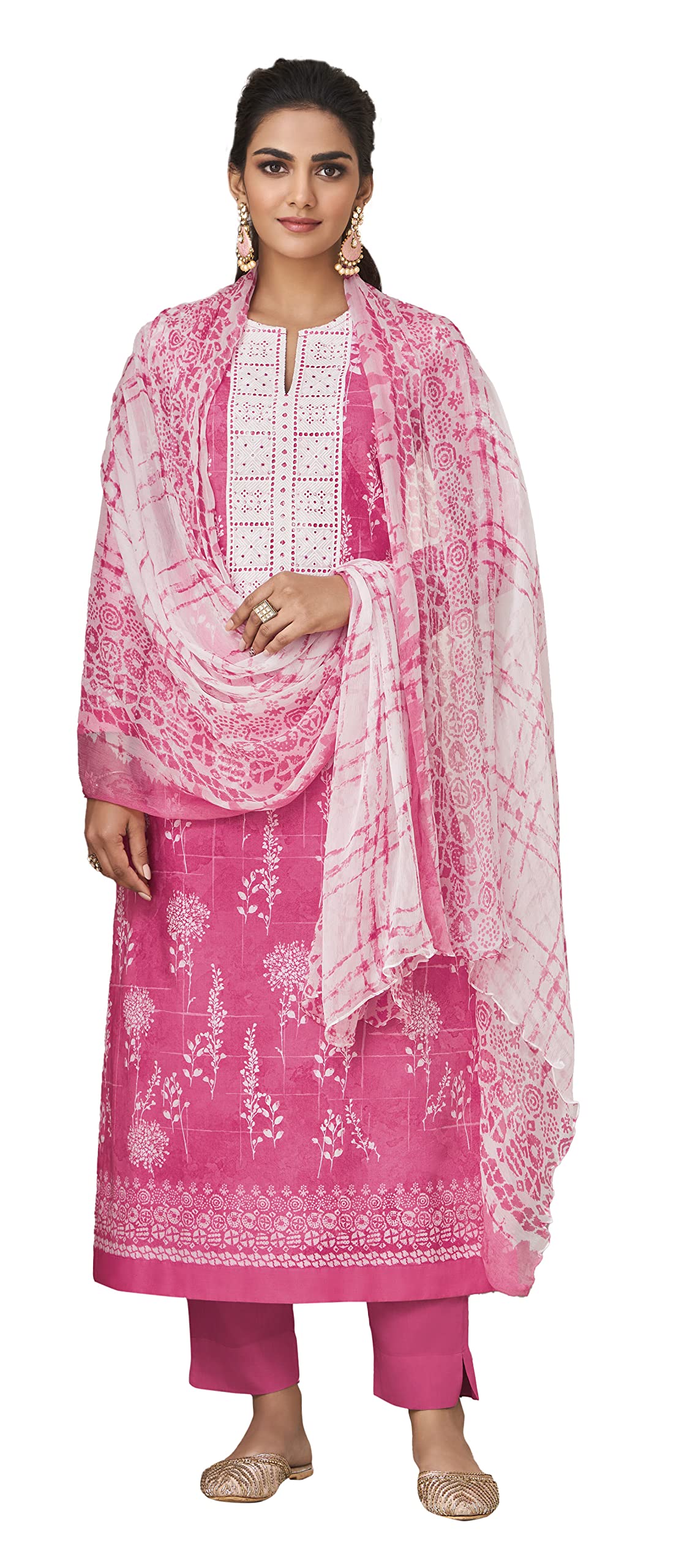 DRAVINAM Trends Women's Unstitched Digital Print Schiffli Chicken Work Pure Cotton Cambric Salwar Suit Dress Material with Digital Printed Bamber Half Pure Dupatta (Pink)