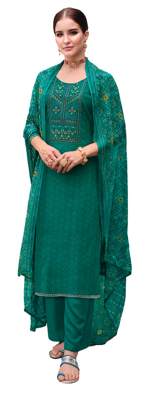 DRAVINAM Trends Unstitched Printed Embroidered Rayon Salwar Suits Set with Chiffon Dupatta (Green)