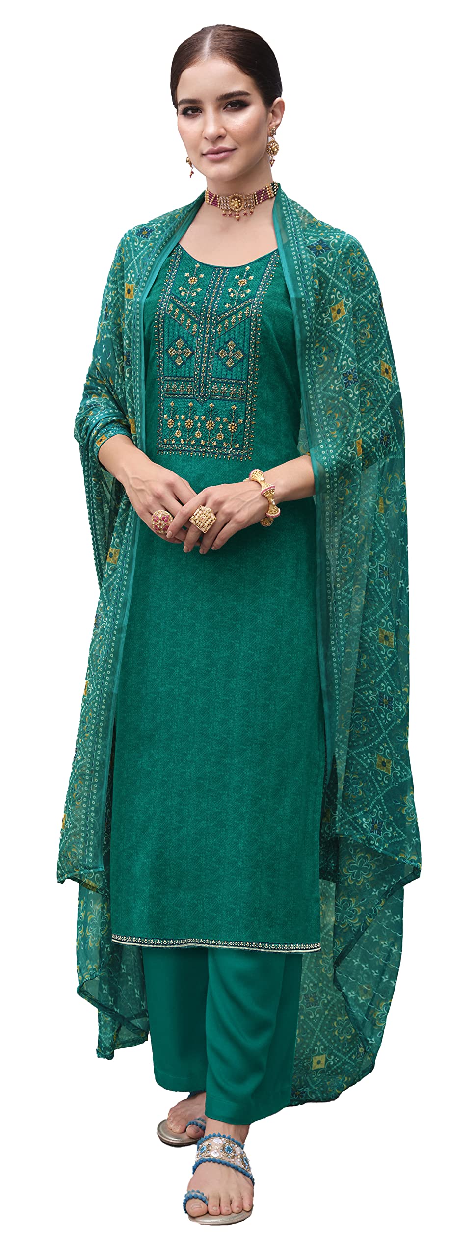 DRAVINAM Trends Unstitched Printed Embroidered Rayon Salwar Suits Set with Chiffon Dupatta (Green)