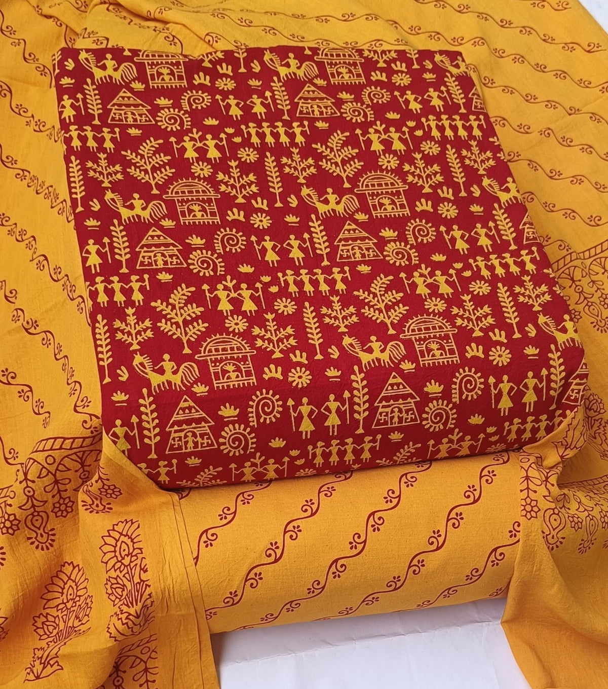 DRAVINAM Trends Women's Premium Cotton Unstitched Salwar Suit Dress Material Set | Traditional Rajasthani Gujari Block Print (Red & Mustard Yellow)