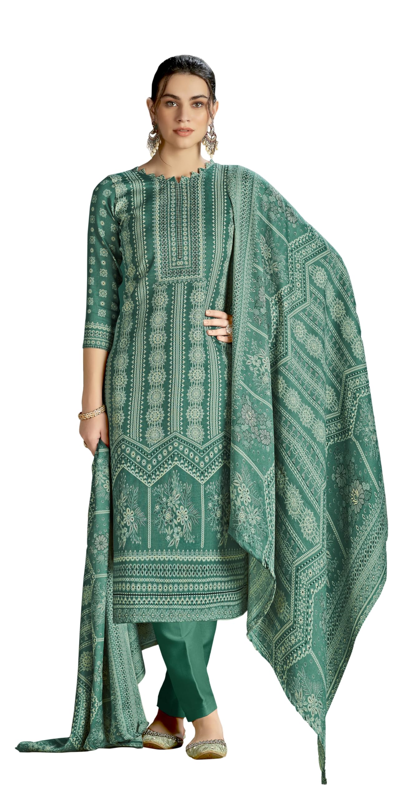DRAVINAM Trends Women's Winter Wear Kashmiri Kani Printed Warm Wool Pashmina Salwar Kameez Dress Material with Swaroski Work and Pashmina Printed Shawl Dupatta