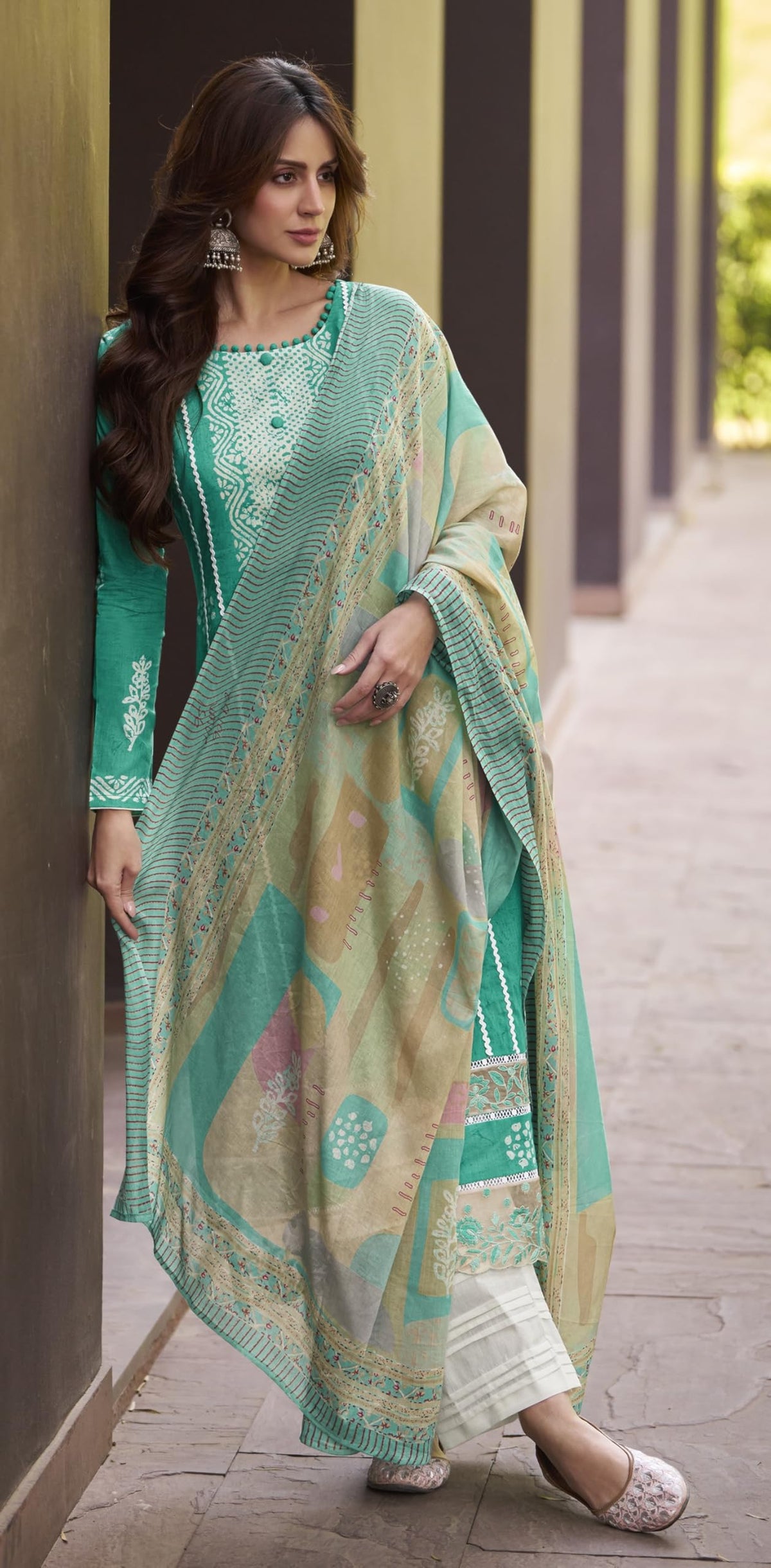 DRAVINAM Trends Women Pure Lawn Camric Digital Print Heavy Shifli Lace and Daman Heavy Embroidery Unstitched Suit Dress Material with Cotton Dupatta