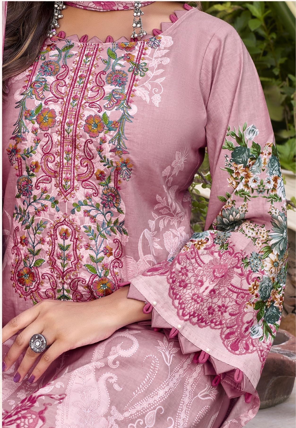 DRAVINAM Trends Women's Unstitched Cotton Suit Dress Material -Embroidered Digital Print Top II Plain Bottoms II Digital Print Dupatta