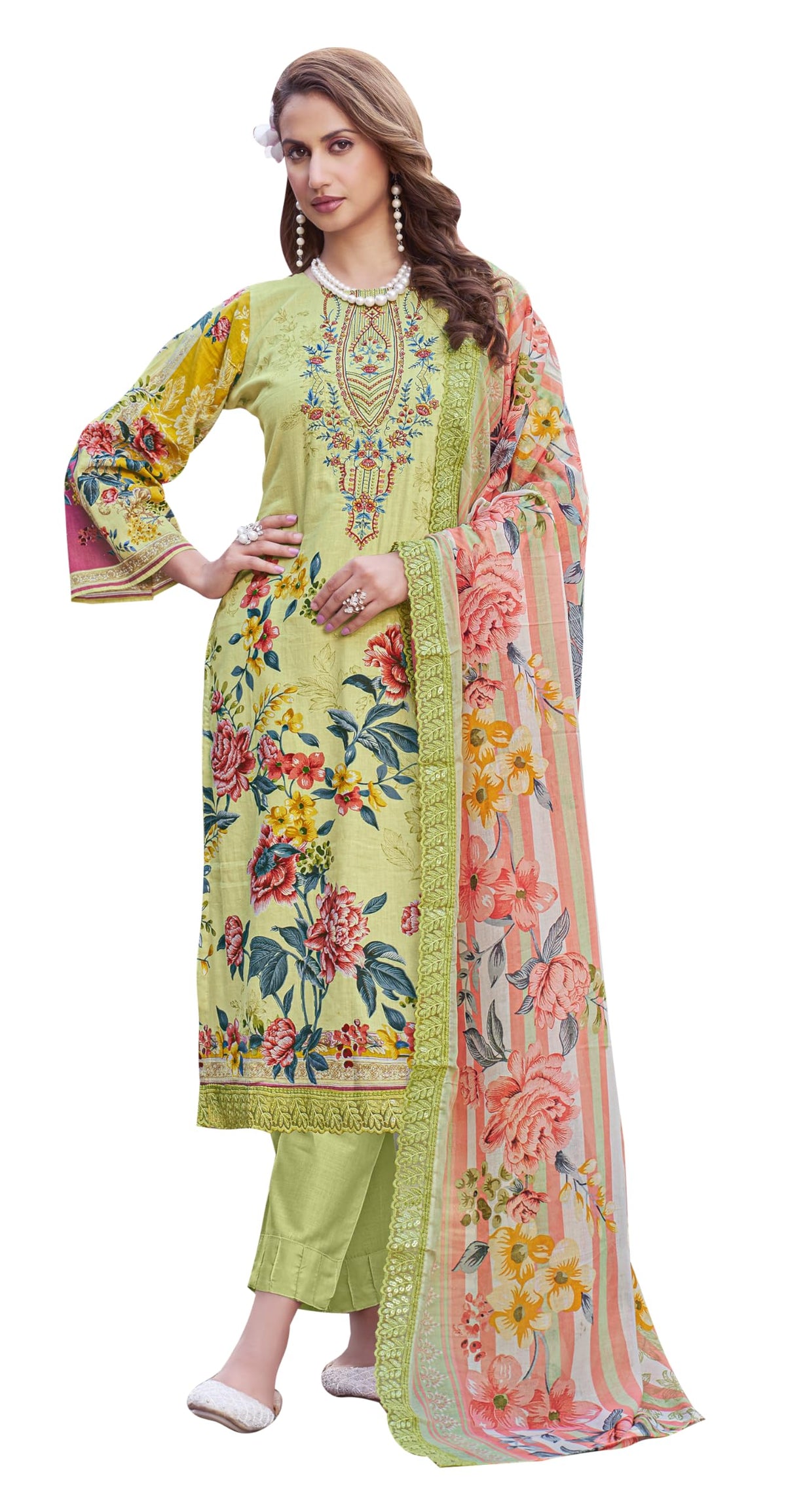 DRAVINAM Trends Pure Cambric Cotton Pakistani Embroidered Suit Dress Material with Unstitched Bottoms and Cotton Dupatta