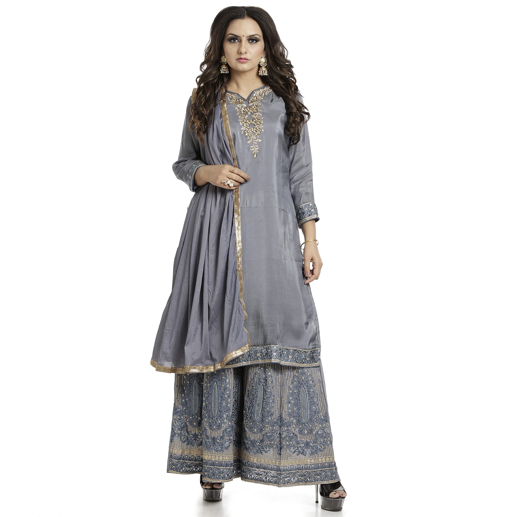DRAVINAM Trends Upada Silk Sharara Suit Women | Diamond Work Upada Silk Short Kurta with Georgette Zari embroidered Sharara Plazzo and Chinon Dupatta (Stitched Sharara)