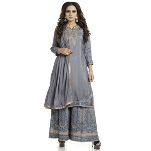 DRAVINAM Trends Upada Silk Sharara Suit Women | Diamond Work Upada Silk Short Kurta with Georgette Zari embroidered Sharara Plazzo and Chinon Dupatta (Stitched Sharara)
