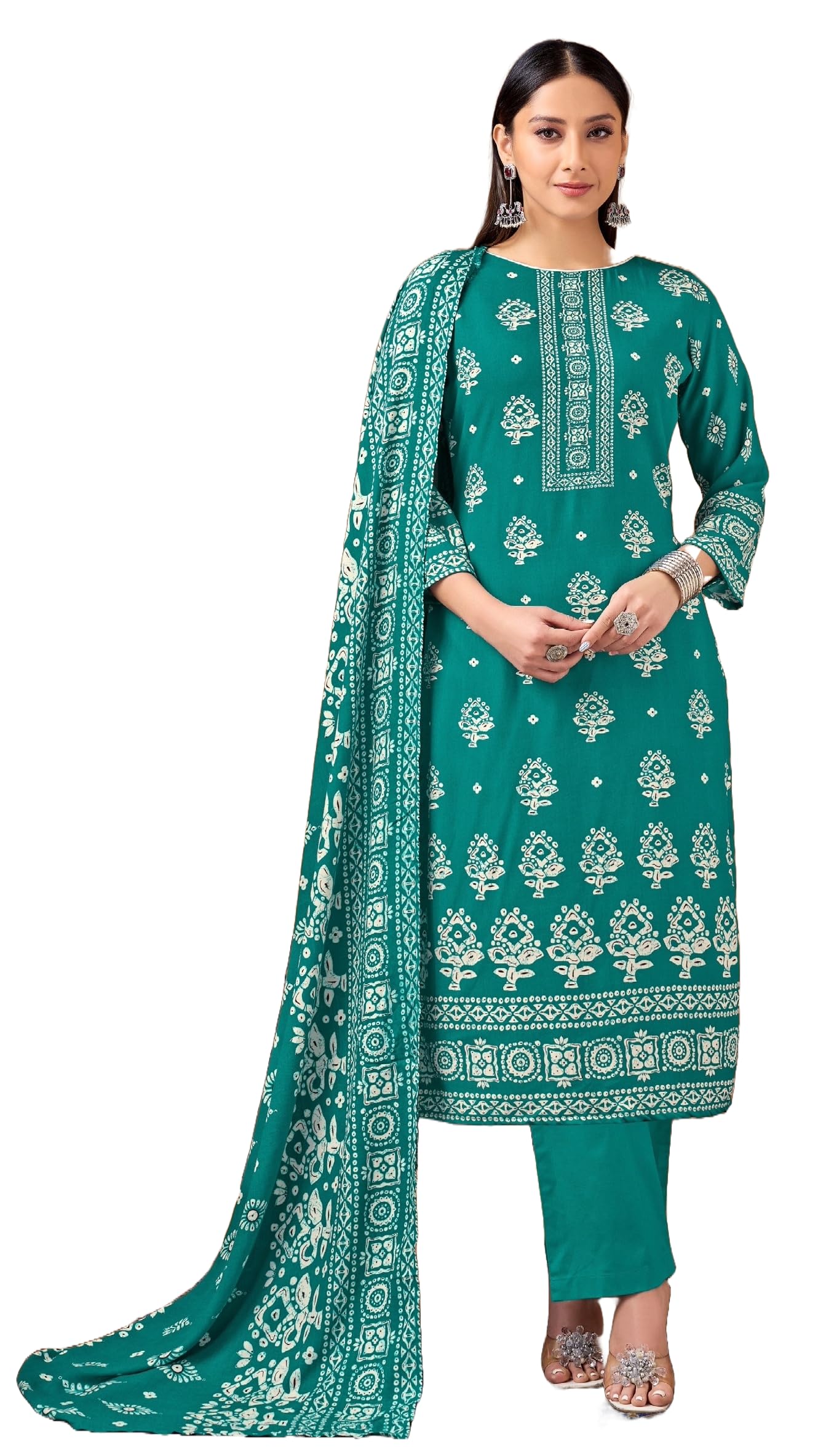 DRAVINAM Trends Women's Winter Wear Unstitched Discharge Print Hand Work Woollen Viscose Pashmina Salwar Suit Dress Material with Pashmina Printed Shawl Dupatta