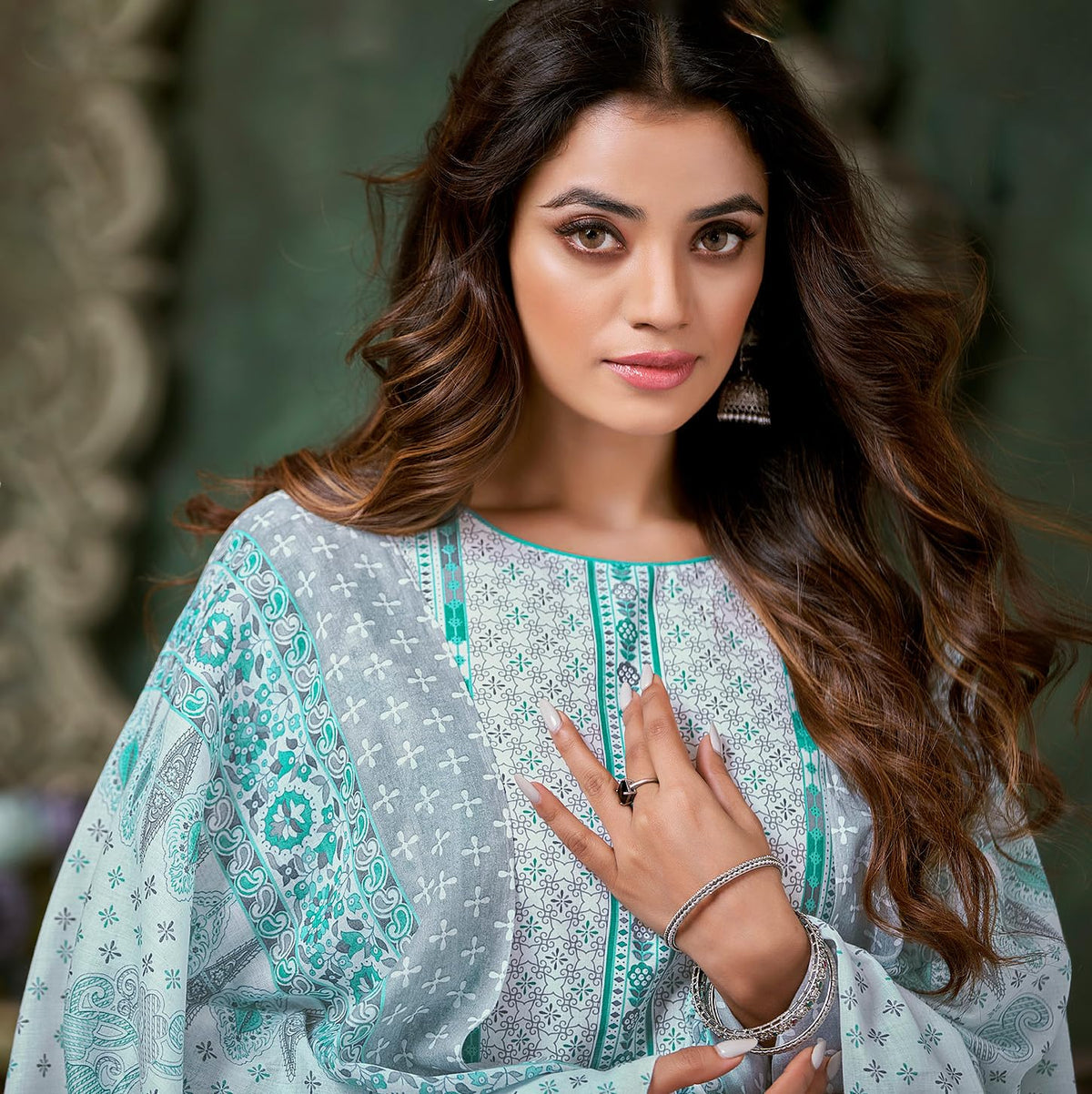 DRAVINAM Trends Pure Cotton Printed Dress Material Salwar Siroski Work Suit with Unstitched Bottoms and Cotton Dupatta