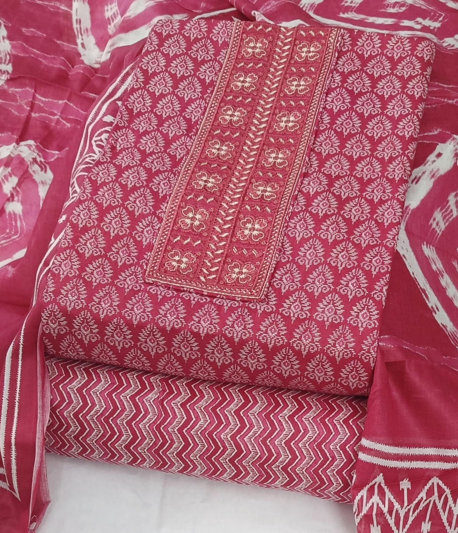 DRAVINAM Trends Women's Premium Cotton Jaipuri Printed Embroidered and Hand Work Unstitched Salwar Suit Dress Material with Mulmul Cotton Dupatta