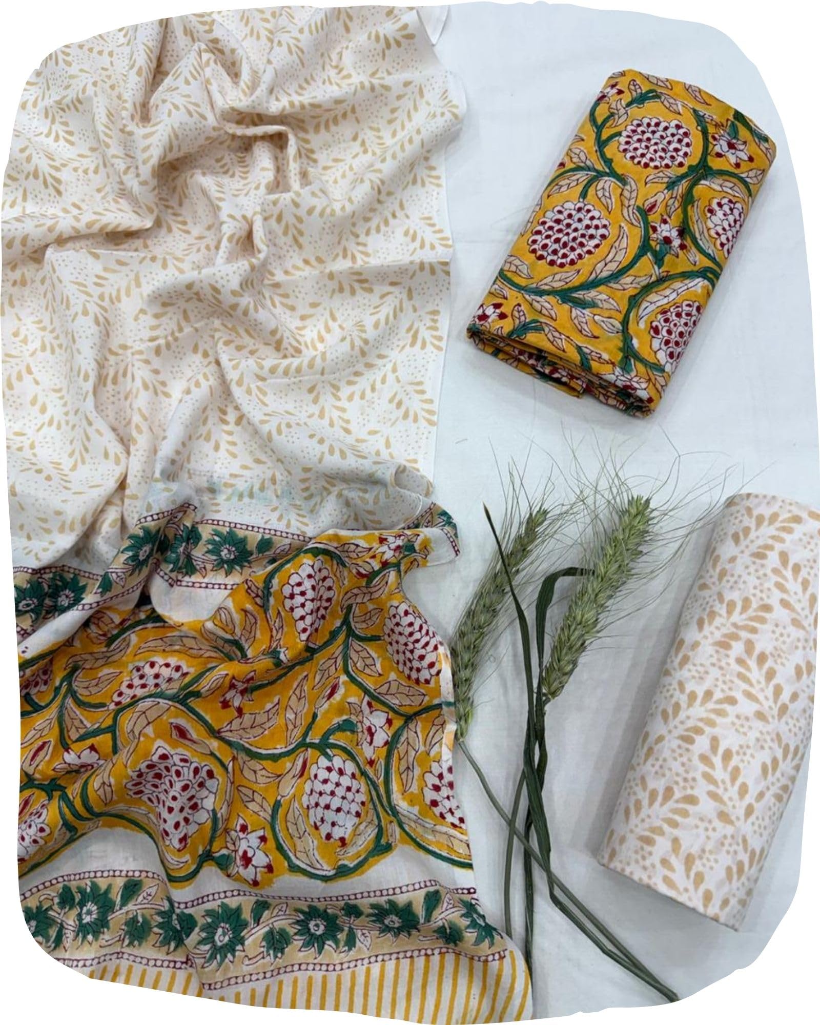 Hand Block Print Sanganeri Cambric Unstitched Cotton Suit Dress Material for Women with Mulmul Cotton Hand Printed Dupatta