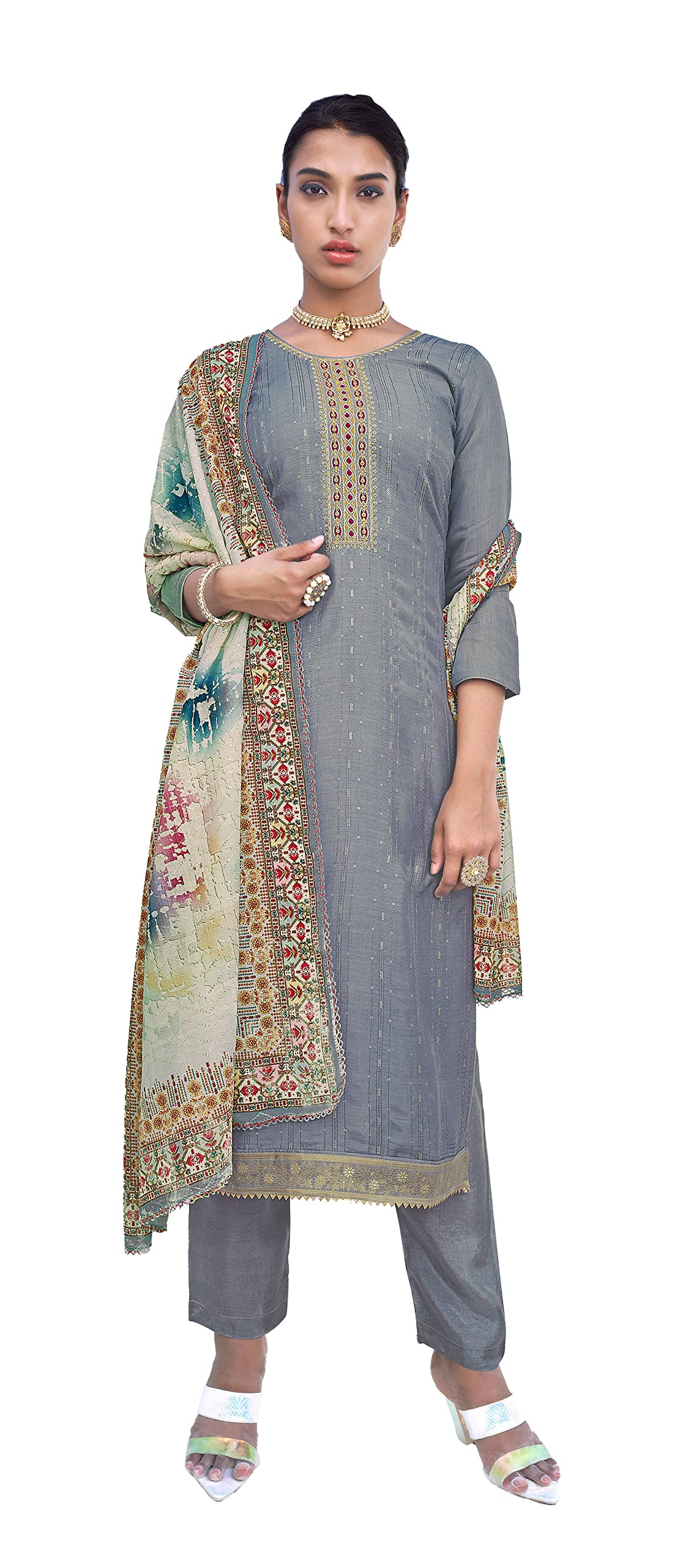 DRAVINAM Trends Women's Pure Musline Embroidery work Unstitched Salwar Suit Material with Pure Muslin Digital Print Sequence work Dupatta (Free size_Grey)