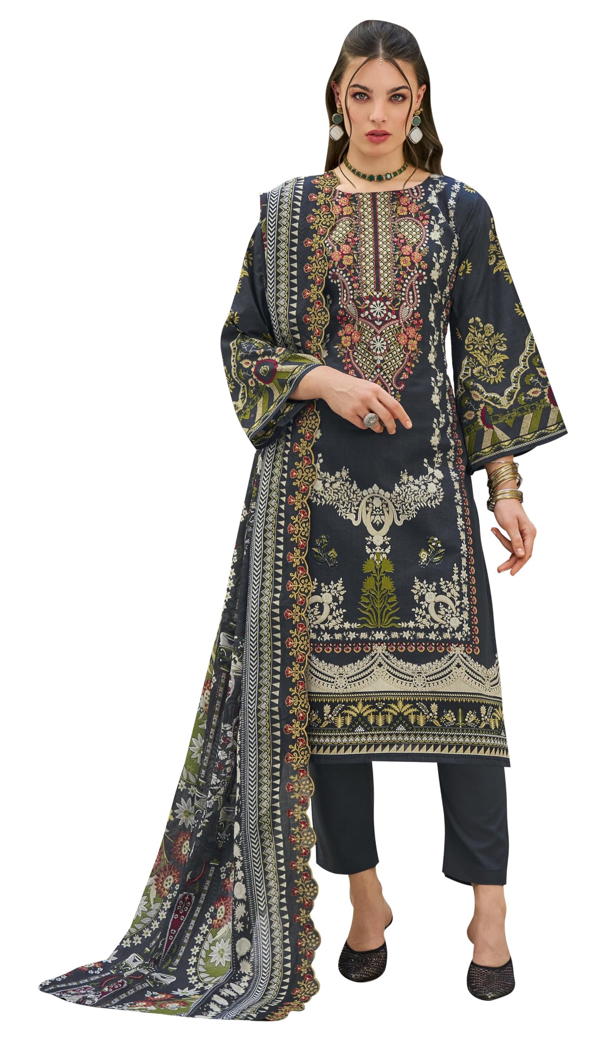 DRAVINAM Trends Women's Unstitched Pakistani Digital Print Embroidered Pure Cotton Salwar Suit Dress Materials with Cotton Embroidered Cutwork Dupatta