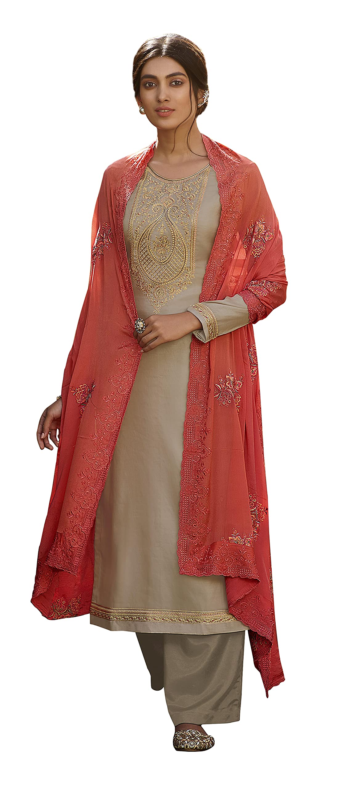 DRAVINAM Trends Women's Pure Tassar Silk Embroidered Palazzo Suit Pakistani Dress Material with Chinon Chiffon Heavy Embroidered and Cutwork Dupatta (Beige Grey and Peach)