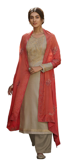 DRAVINAM Trends Women's Pure Tassar Silk Embroidered Palazzo Suit Pakistani Dress Material with Chinon Chiffon Heavy Embroidered and Cutwork Dupatta (Beige Grey and Peach)
