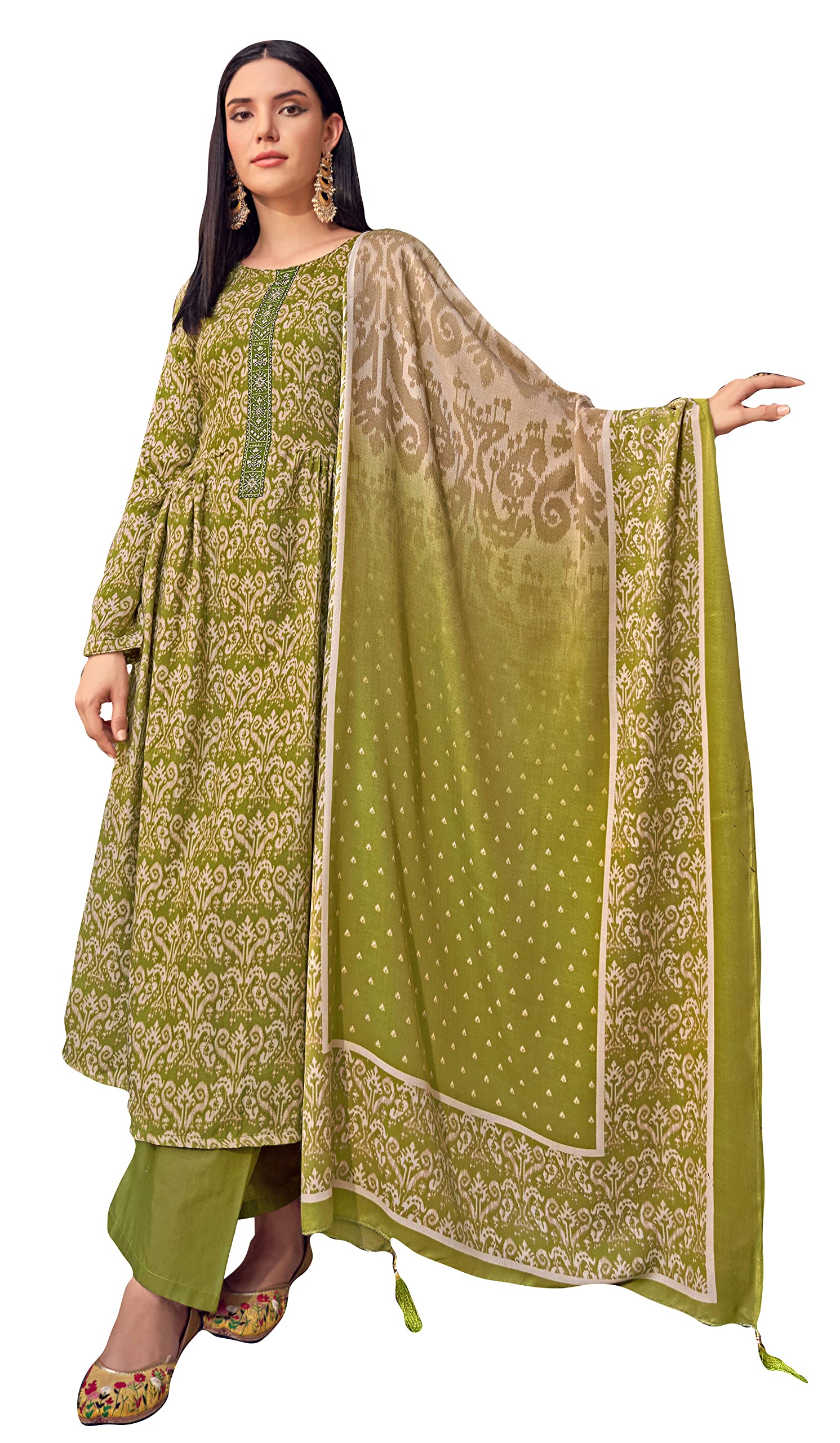 DRAVINAM Trends Women's Unstitched Embroidered Pure Woollen Pashmina Salwar Suit Dress Material with Digital Print Soft Pashmina Shawl Dupatta (Free Size_Grey)