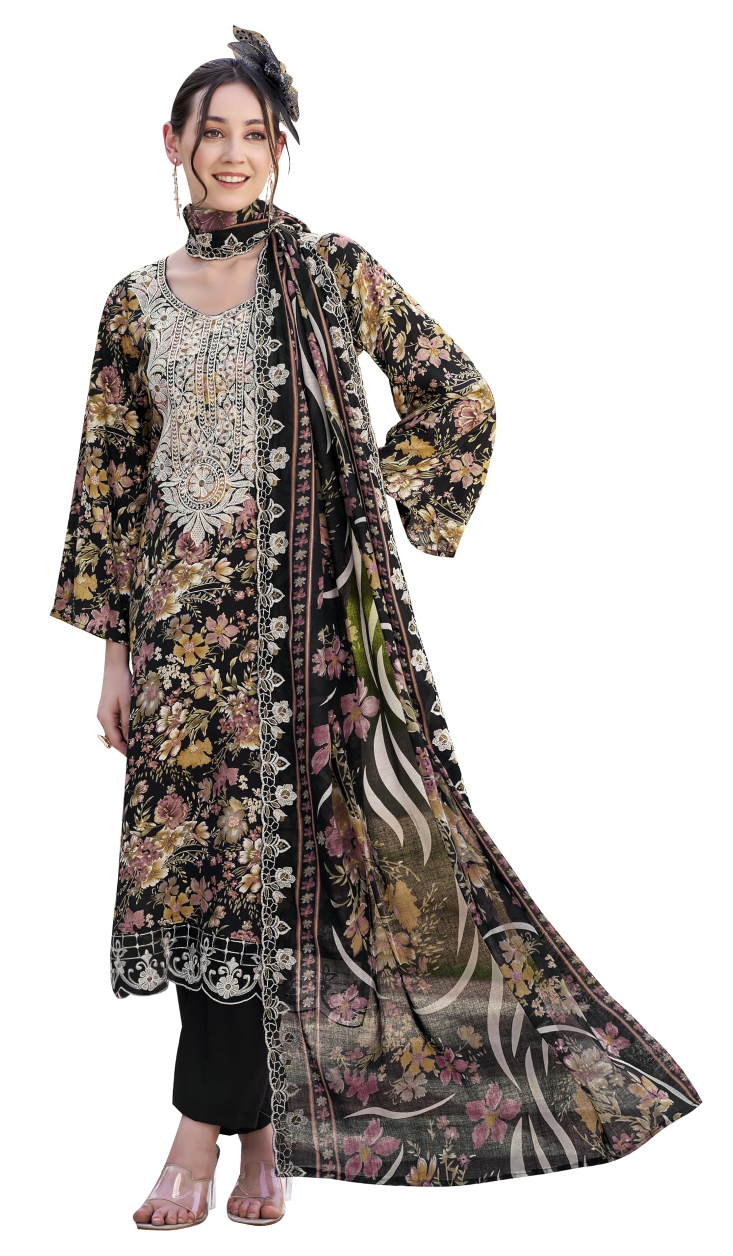 DRAVINAM Trends Pure Viscose Rayon Digital Printed Fancy Embroidered Organza Lace Suit Dress Material with Unstitched Bottoms and Cotton Cutwork Embroidered Dupatta