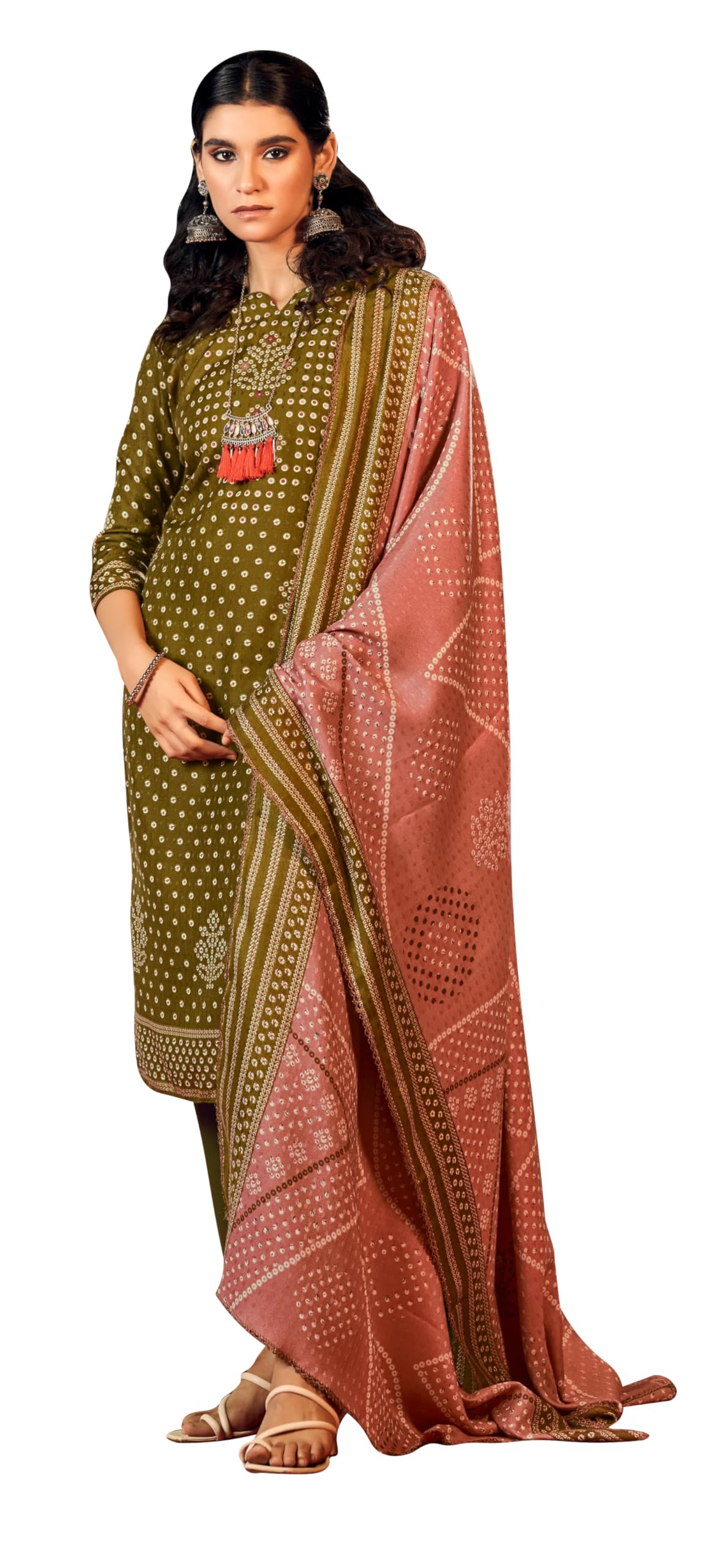 DRAVINAM Trends Women's Unstitched Bandhani Printed Woollen Pashmina Salwar Suit Dress Material with and Pashmina Printed Shawl Dupatta (Free Size_Yellow)