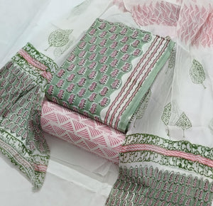 DRAVINAM Trends Hand Block Print Pure Cambric Cotton Unstitched Suit Material with Chiffon Hand Printed Dupatta