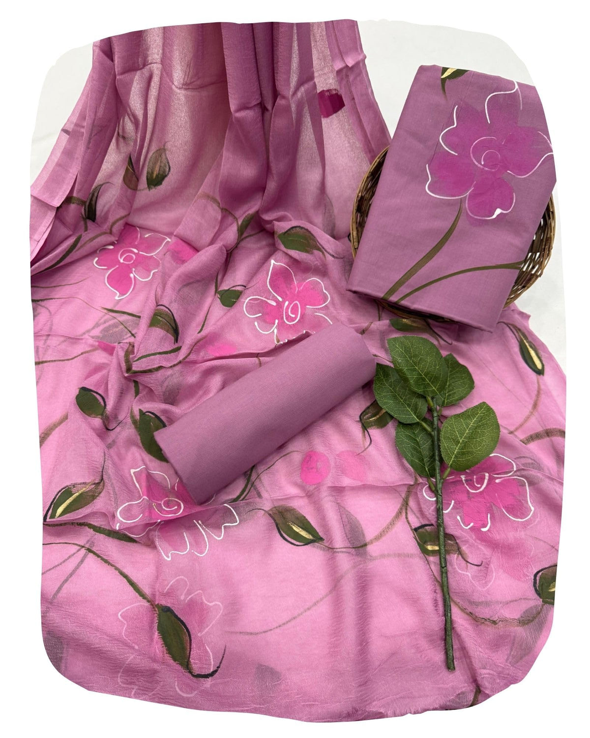 DRAVINAM Trends Women's White Unstitched Dress Material | Hand-Painted Yellow Rose Floral Print Suit with Sheer Chiffon Dupatta