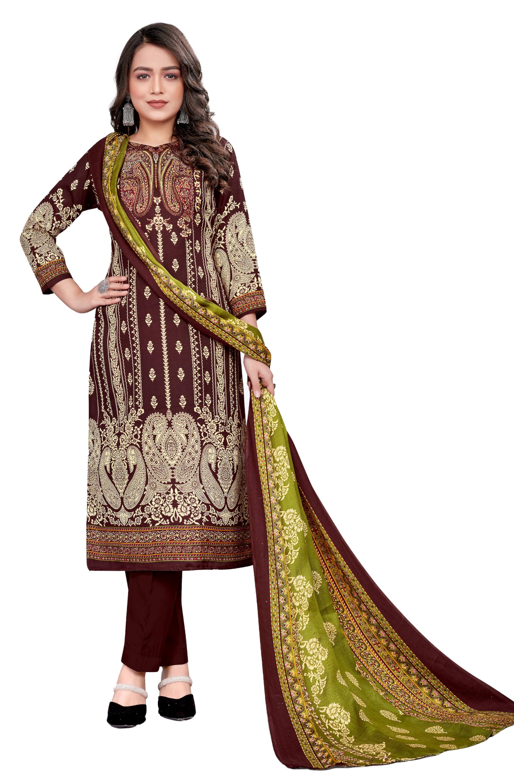 DRAVINAM Trends Printed Pashmina Unstitch Salwar Suit Dress Material with Printed Shawl Dupatta