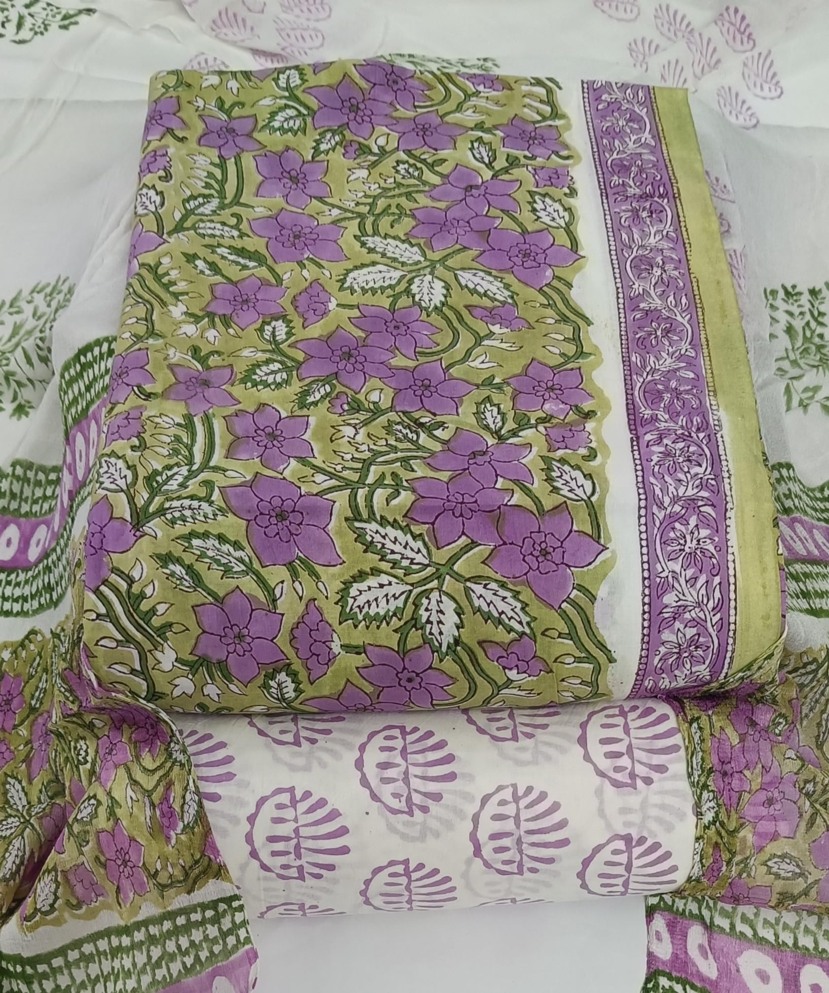 DRAVINAM Trends Hand Block Print Cambric Cotton Unstitched Salwar Suit Set for Women with Pure Chiffon Hand Printed Dupatta