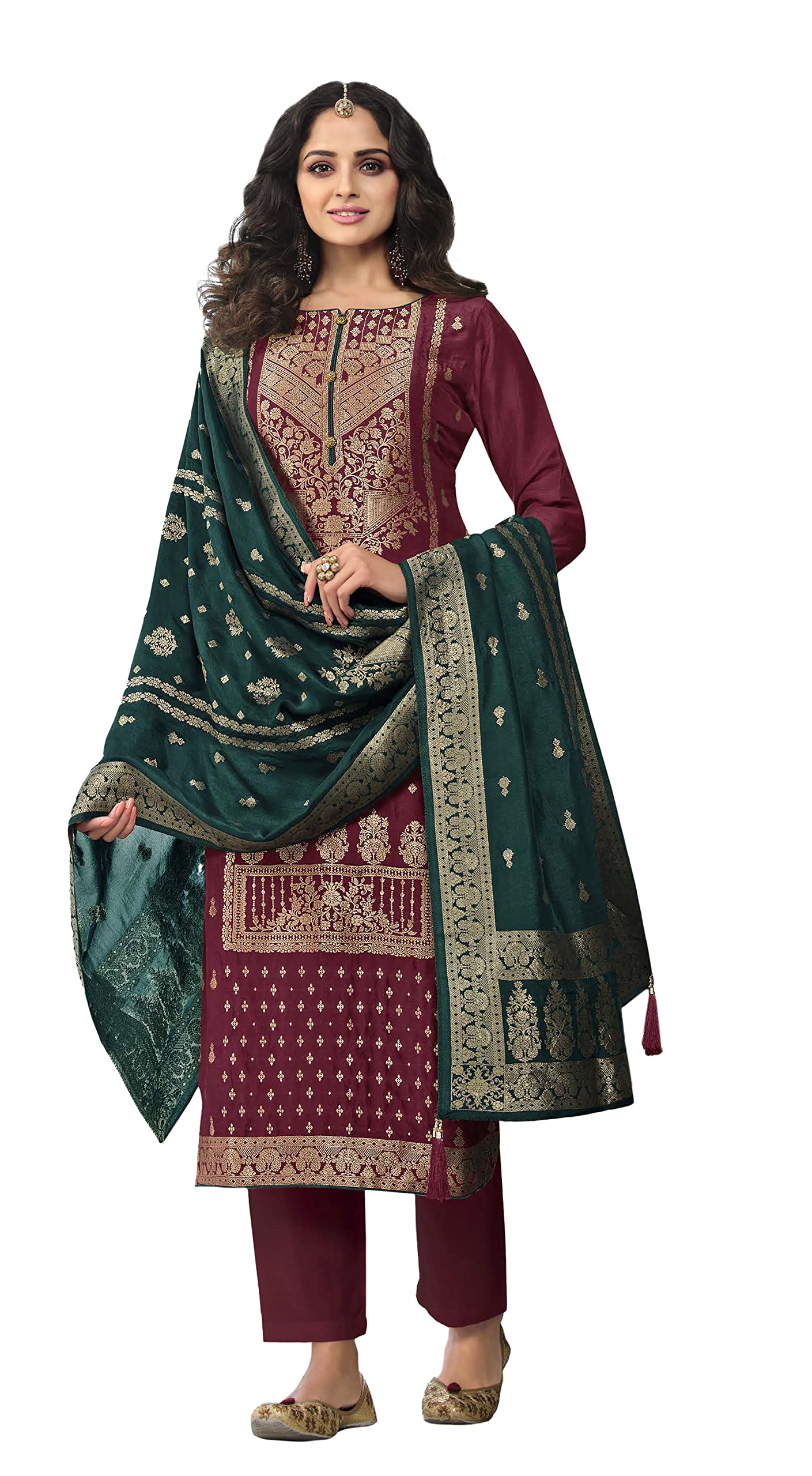 DRAVINAM Trends Women’s Unstitched banarasi Salwar Suit Fabric Dress Material with pure banarasi Dupatta (Red)