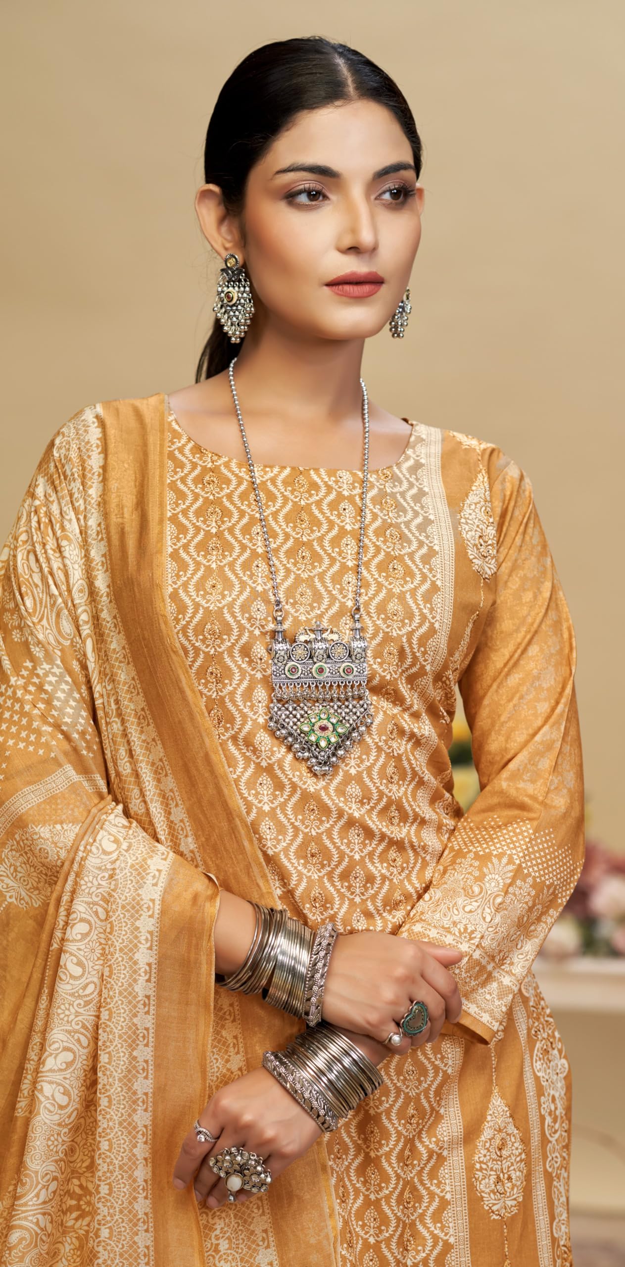 DRAVINAM Trends Women's Unstitched Maslin Salwar Suit Dress Material - Pure Bemberg Maslin Aari Work Kameez II Rayon Unstitch Bottoms II Viscose Maslin Digital Prints Dupatta