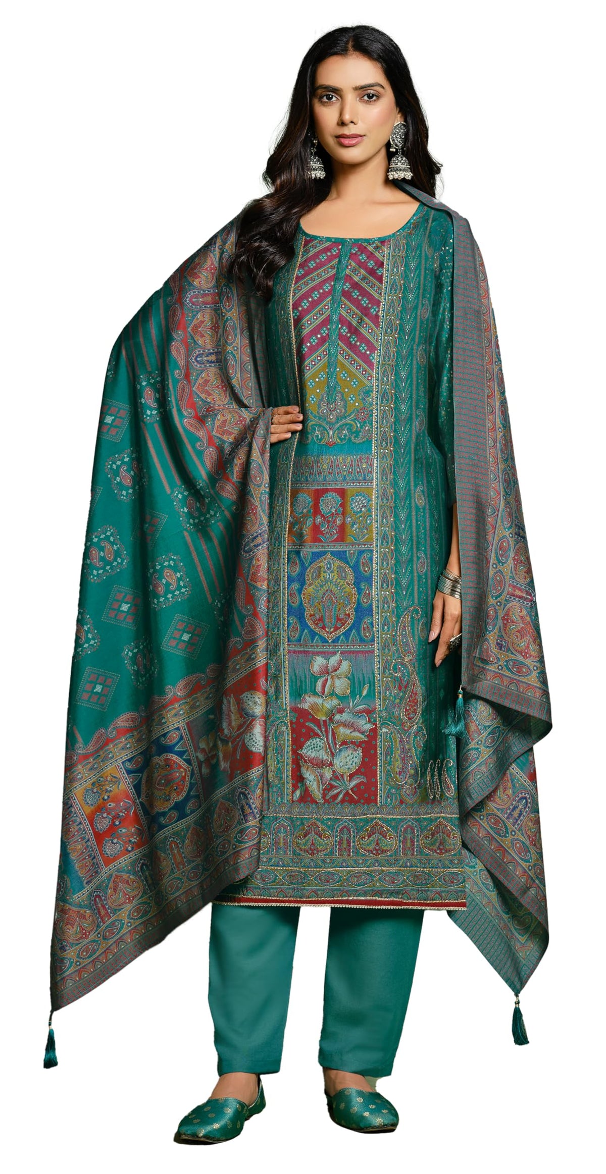 DRAVINAM Trends Unstitched Women Maslin Suit Material – Embroidered Printed Maslin Top, Maslin Bottoms and Maslin Printed Dupatta