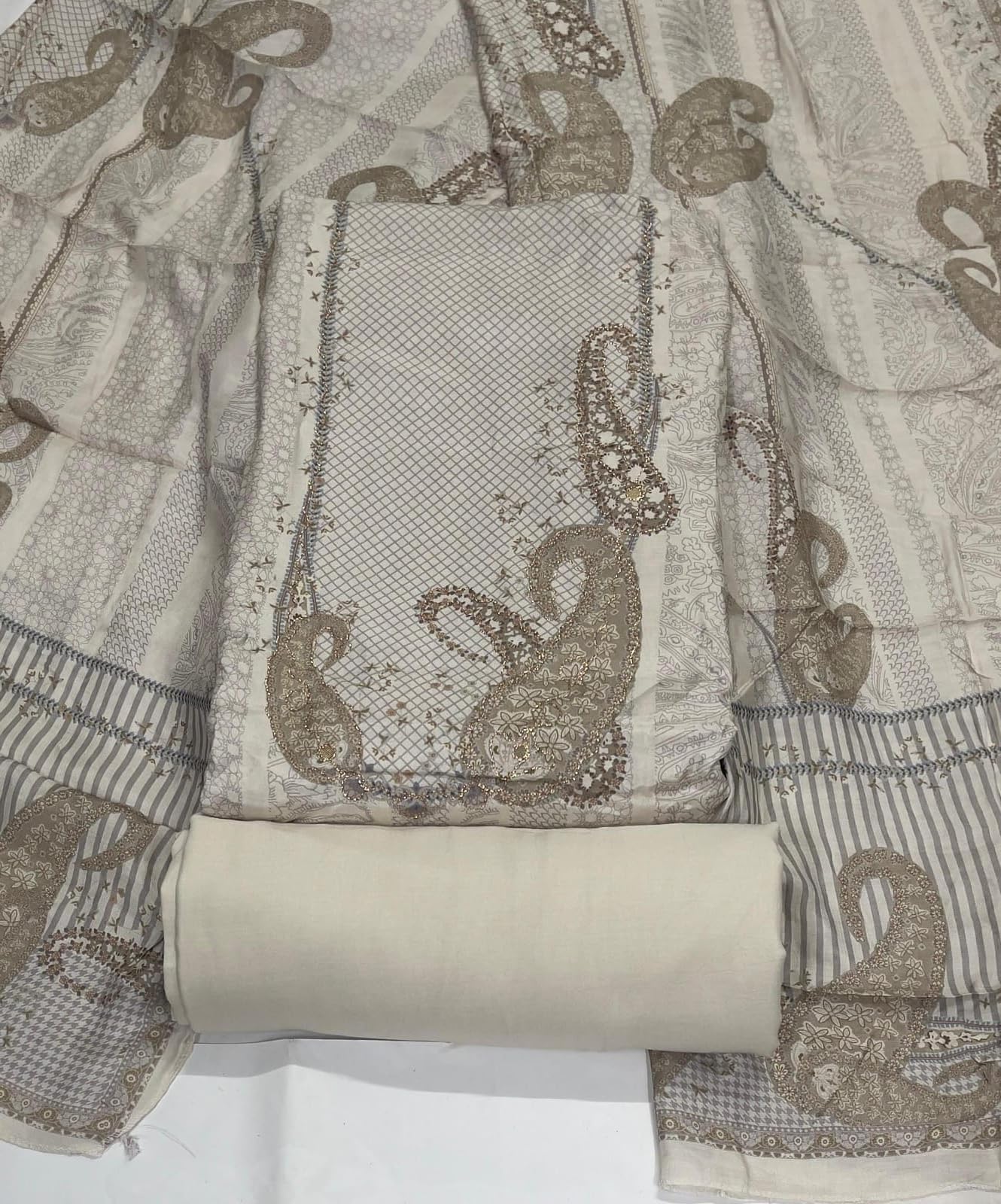 DRAVINAM Trends Women's Elegant Taupe & Off-White Embroidered Pure Muslin Dress Material with Printed Dupatta