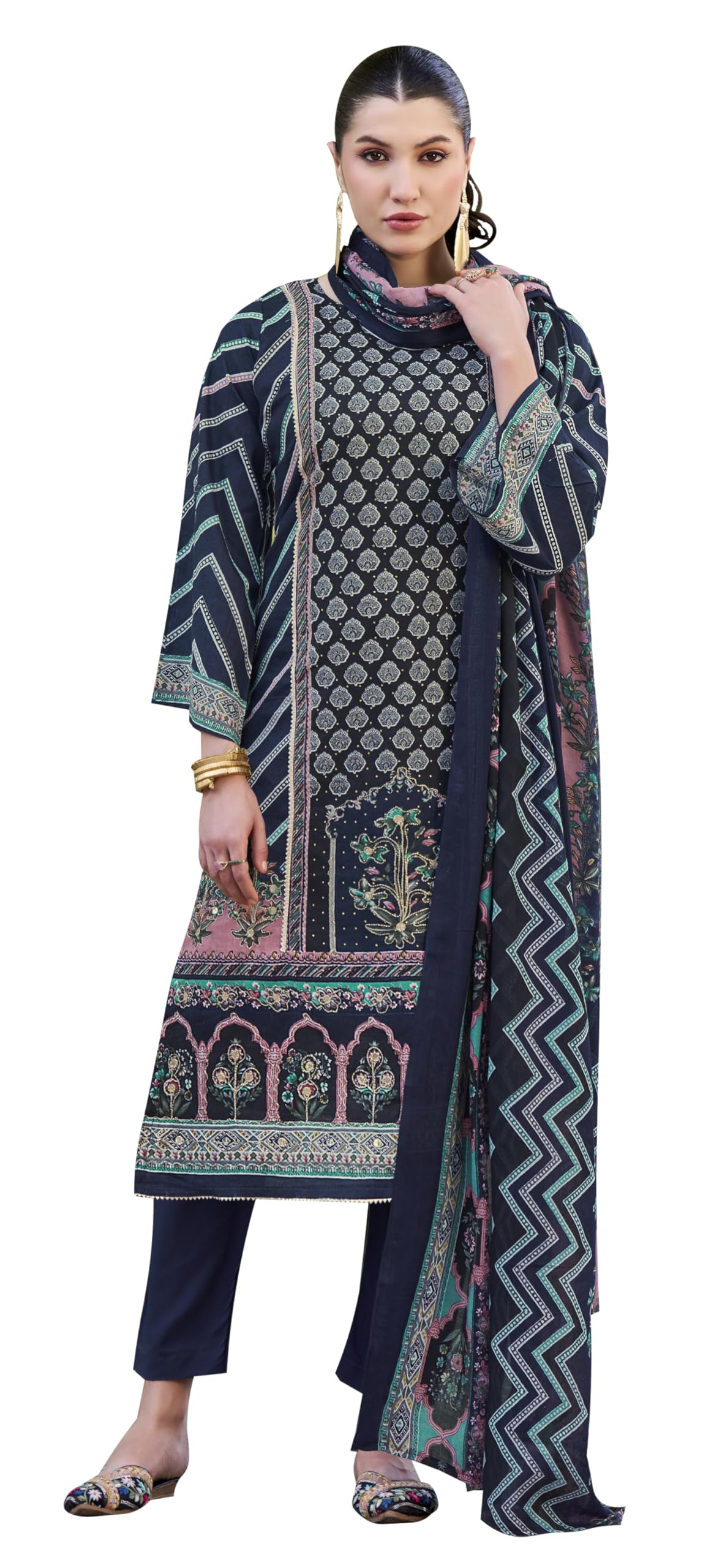 DRAVINAM Trends Kurti 2.50 mtrs, Pure Cotton (3 mtrs apx), Pure MAL MAL Cotton Dupatta Print (2.30|Black