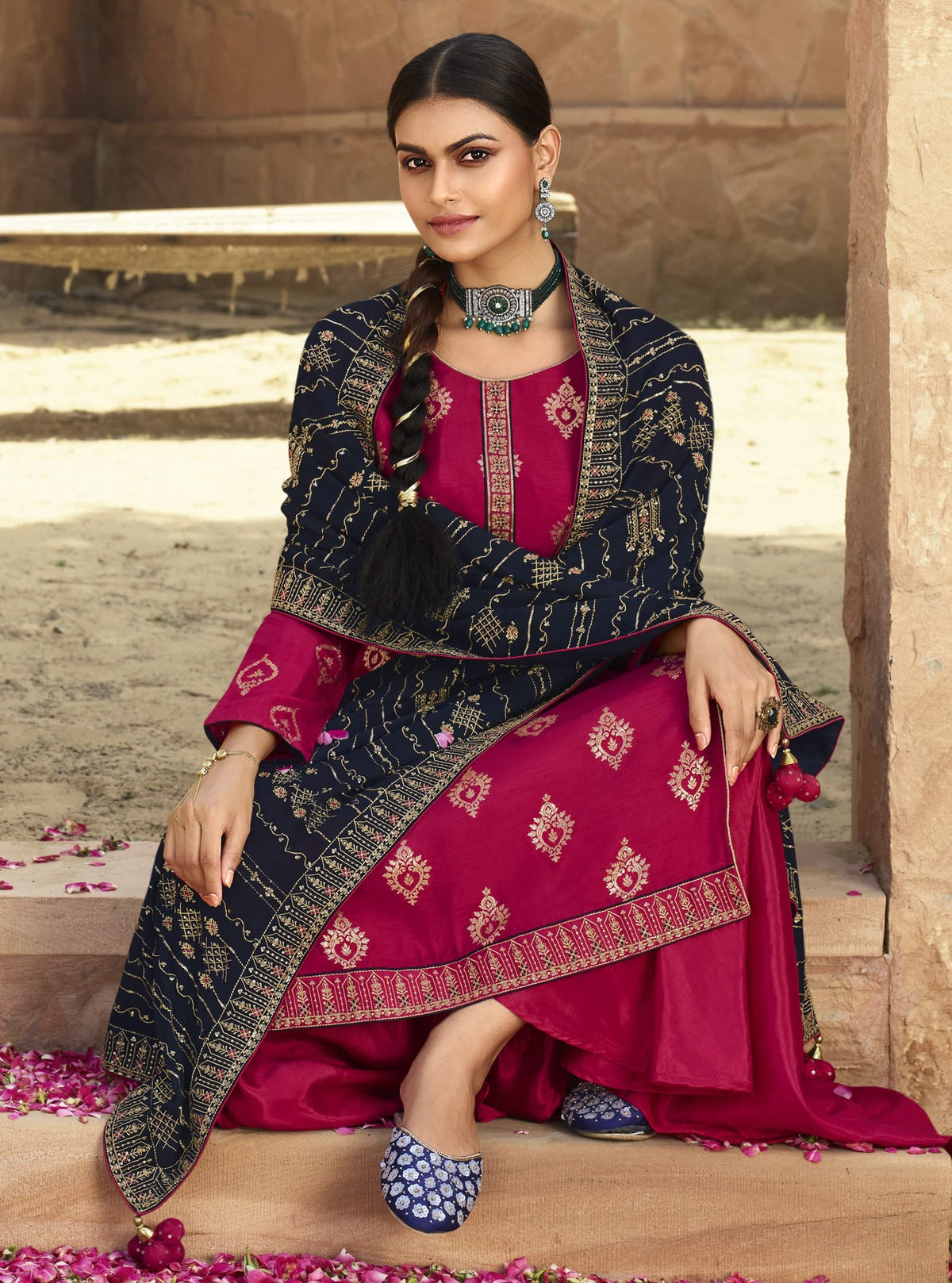 DRAVINAM Trends Women's Pure Banarasi Silk Jacquard Sequence embroidered Unstitched Salwar Suit Dress material with Chinon Silk Sequence and Embroidered Heavy Dupatta (Free size_Blue)