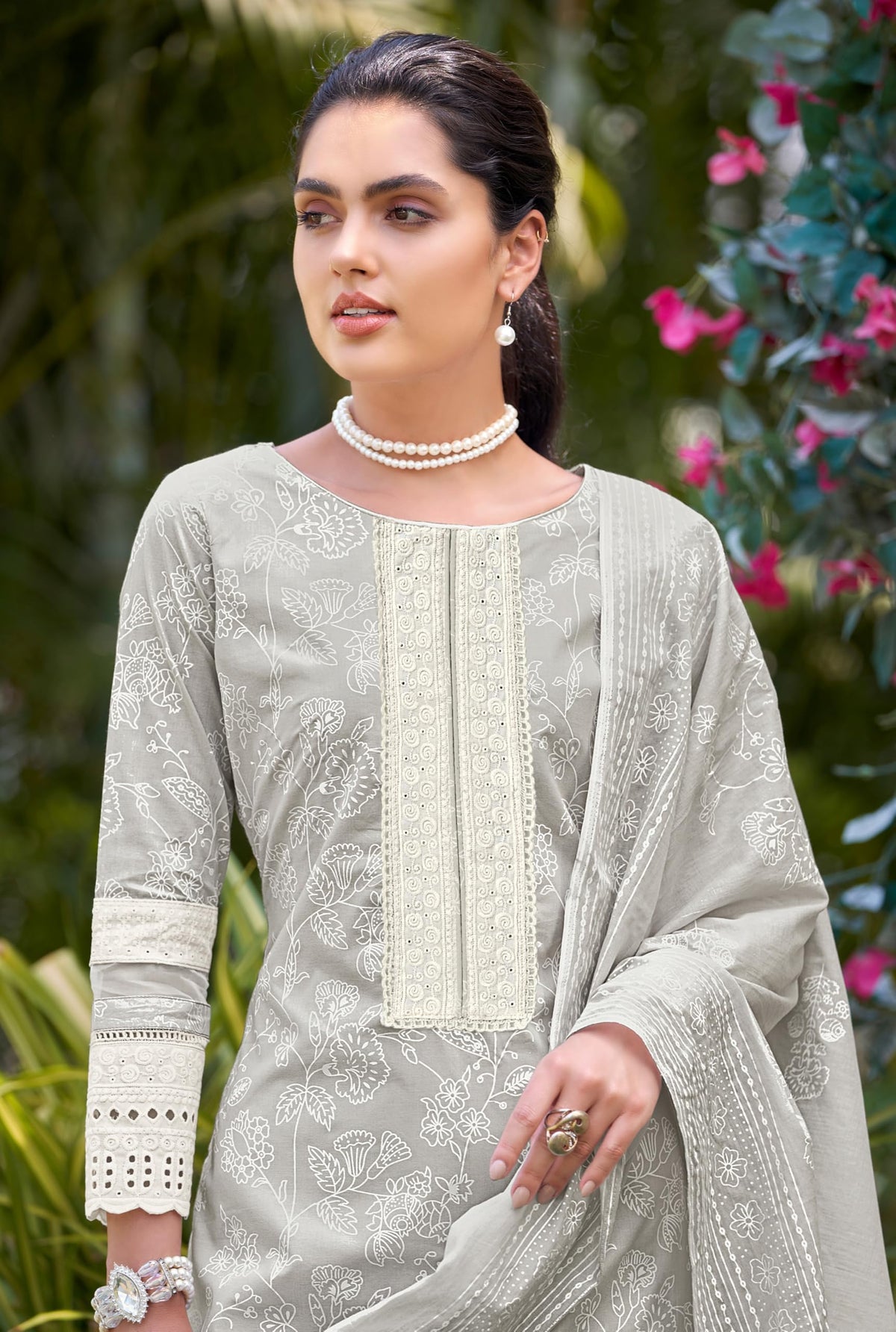 DRAVINAM Trends Women's Pure Cambric Cotton Printed Lace Work Unstitched Summer Ladies Suit Dress Material with Unstitched Cotton Bottoms and Cotton Printed Dupatta