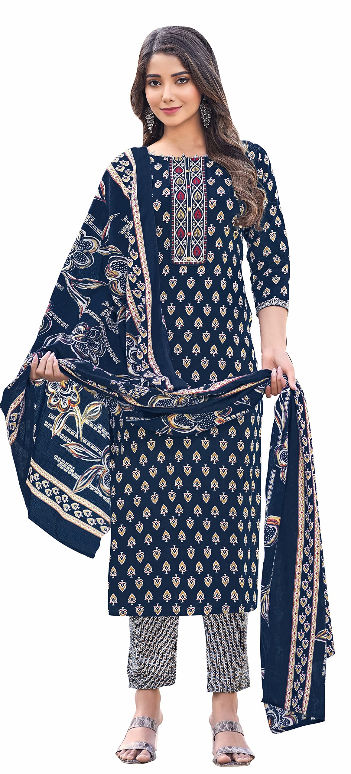 DRAVINAM Trends Women's Unstitched Cambric Cotton Printed Embroidered Salwar Suit Dress Material with Cotton Digital printed Dupatta (Blue)