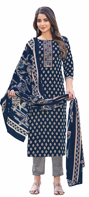 DRAVINAM Trends Women's Unstitched Cambric Cotton Printed Embroidered Salwar Suit Dress Material with Cotton Digital printed Dupatta (Blue)
