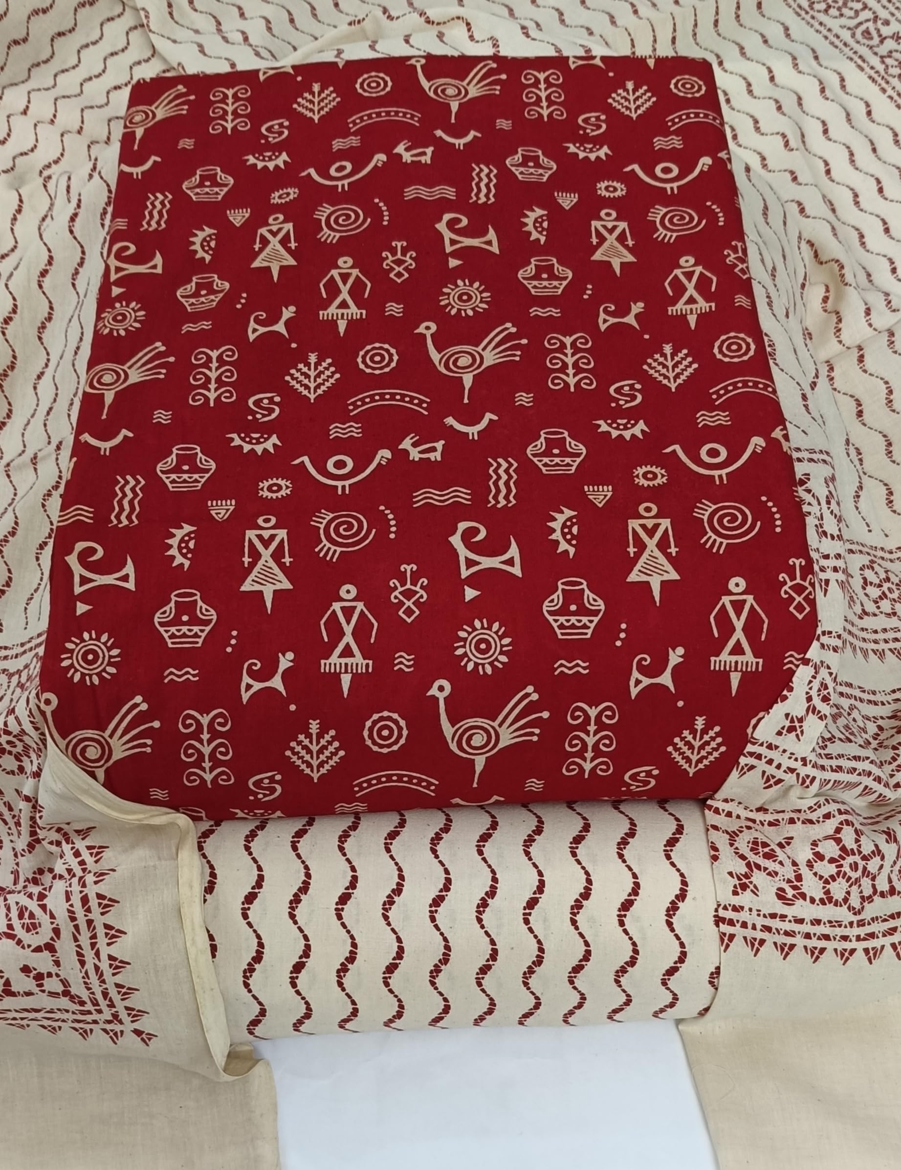 DRAVINAM Trends Women's Premium Cotton Unstitched Salwar Suit Dress Material Set | Traditional Rajasthani Gujari Block Print (Red & Mustard Yellow)