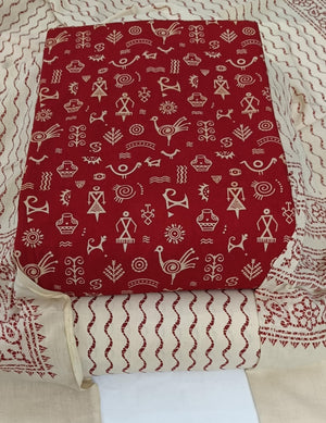 DRAVINAM Trends Women's Premium Cotton Unstitched Salwar Suit Dress Material Set | Traditional Rajasthani Gujari Block Print (Red & Mustard Yellow)