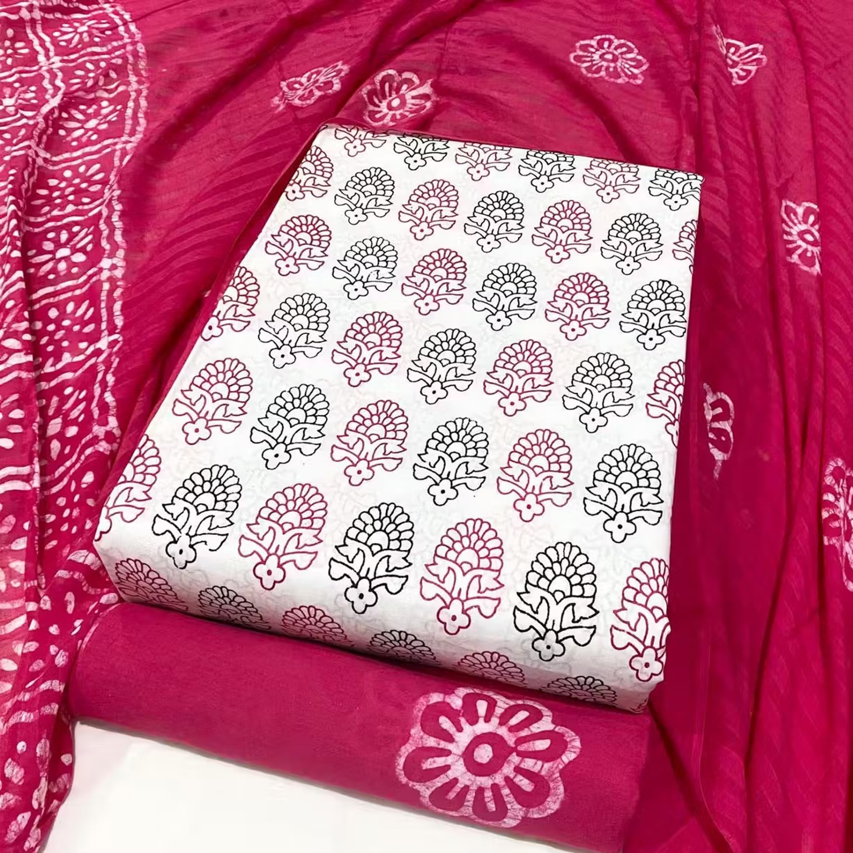 DRAVINAM Trends Unstitched Jaipuri Handmade Wax Batik Print Soft Cotton Dress Material with Dupatta